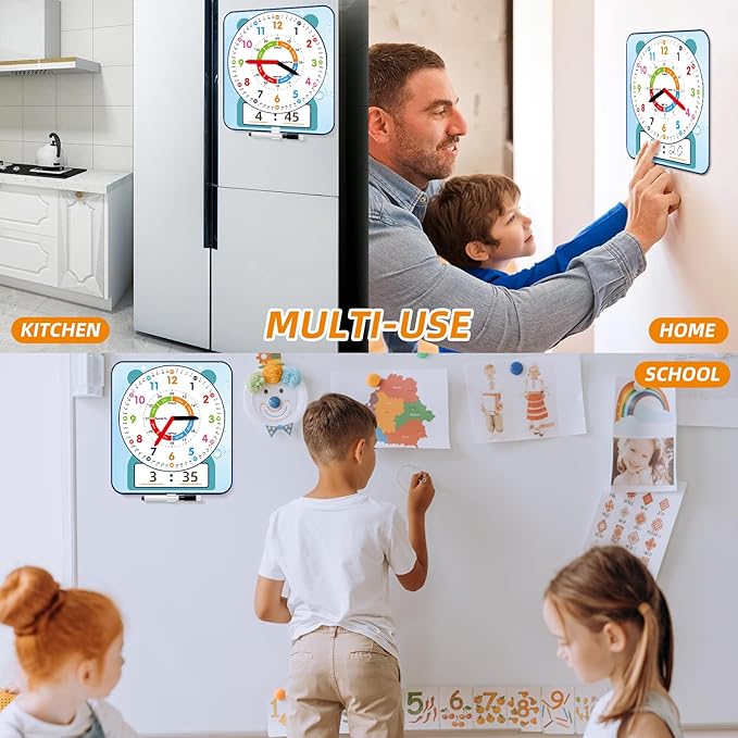 Large 12" Magnetic Writable Dry Erase Teaching Clock with Pen,Teaching Demonstration Clock for Kids Learning Time with Cute Style for Home School Classroom Supplies(12" x 11")