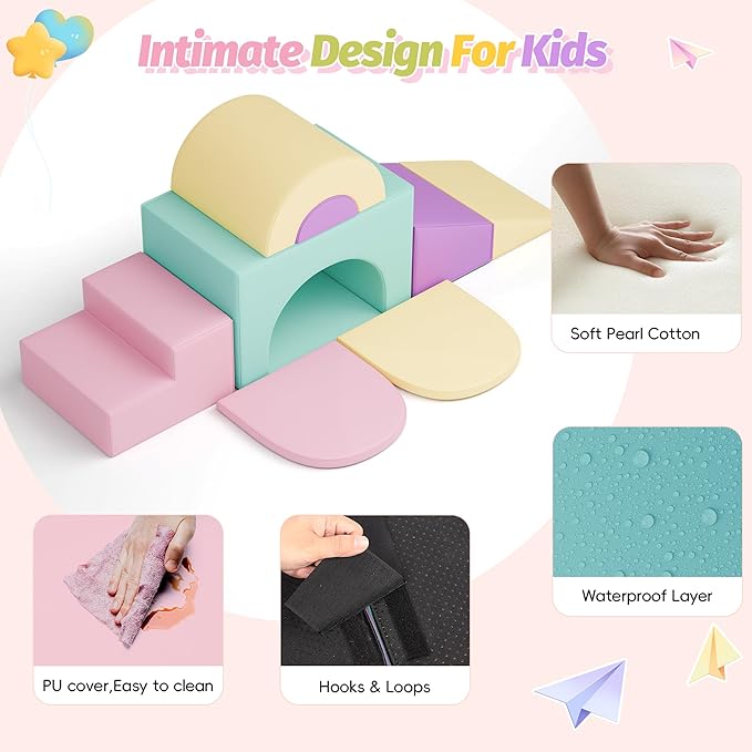 MU Soft Climbing Toys for Toddlers, 7-Piece Baby Soft Foam Climbing Blocks, PU Leather Gym Climb and Crawl Activity Play Set, Indoor Climbing Toys for Kids and Children, Pink