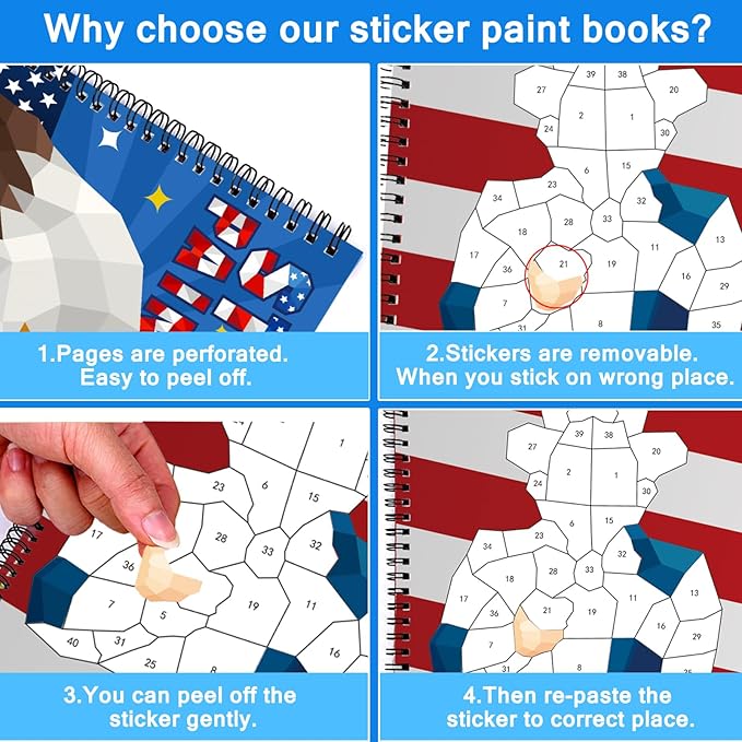Omgouue 2PCS 4th of July Patriotic Crafts for Kids Ages 4-8 Sticker Paint Books Gift Party Create 20 Pictures(Sticker Sheets are Separate)