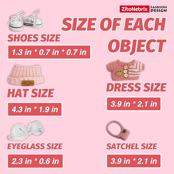 Cloth for 15cm & 17cm Doll,5-Piece Handcrafted Crochet Outfit(NO Doll) - Pink Clothes + Bear- Velvet hat + Glasses + Shoulder Bag + White Shoes (Light Pink Clothes)