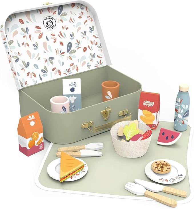 Speedy Monkey Wooden Picnic Basket Playset β FSC Certified Pretend Play Food & Fruit Toy for Toddlers & Preschoolers, Outdoor Picnic Travel Adventure, Kitchen Role Play Set for Boys & Girls