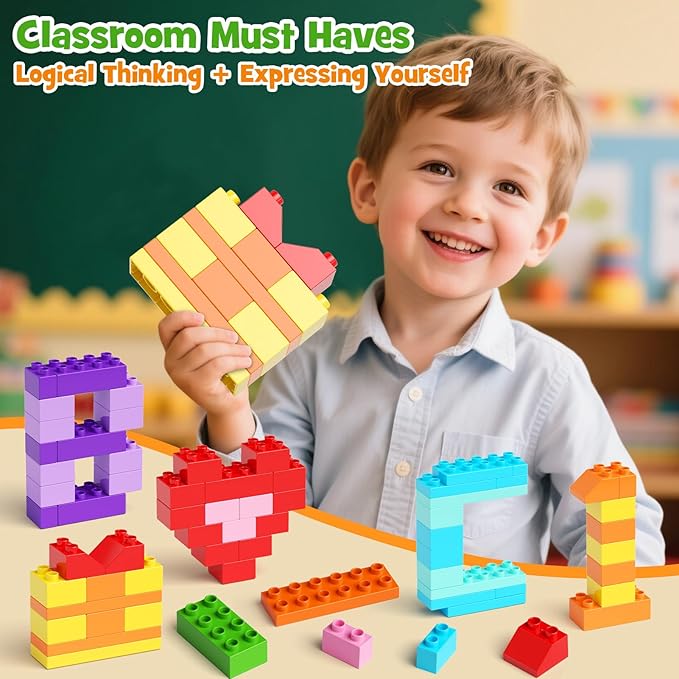 97PCS Building Blocks Set with Storage Box & Base Plate - STEM Educational Toys for Toddlers, Kids Ages 3+, Compatible with Major Large Particle Building Block