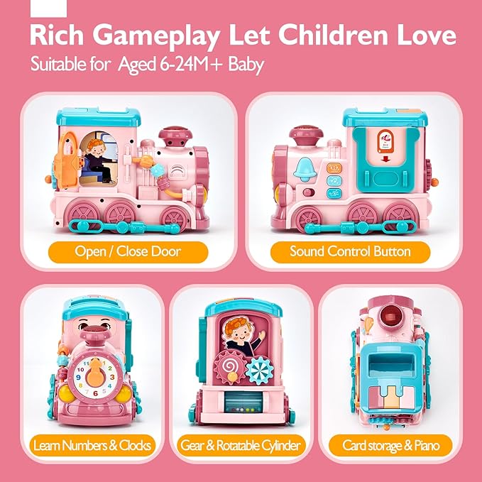 hahaland Musical Toy for Baby Girl Gifts,First Year Activity Musical Train with Talking Flash Cards Bilingual (EN/ES), Educational Learning Toys for Toddlers, Baby Toys 18-36 Months Girl Easter Gifts