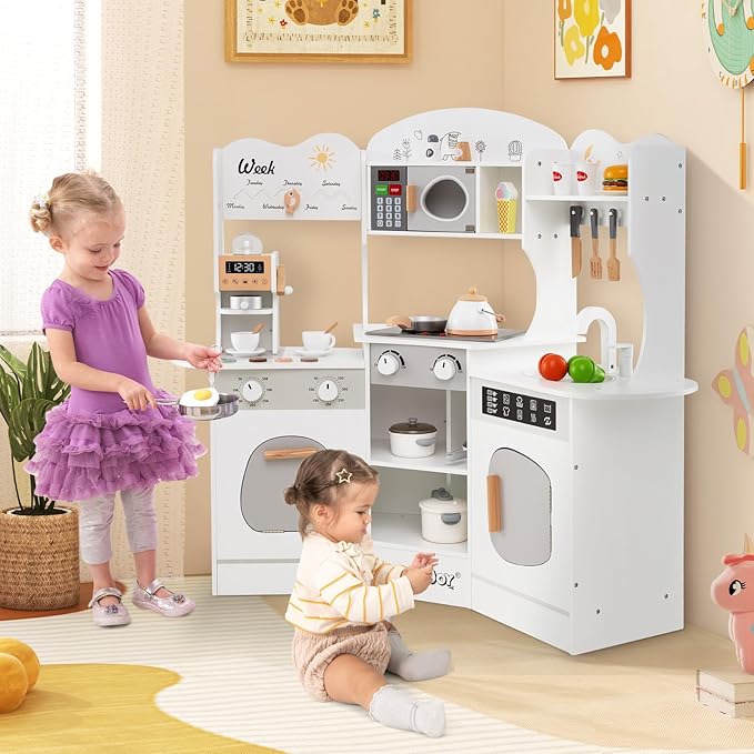 HONEY JOY Corner Play Kitchen, Toddler Wooden Toy Kitchen Set w/Lights, Coffee Maker, Microwave, Sink, Faucet, Little Chef Pretend Play Kids Kitchen Playset for Boys Girls (White)
