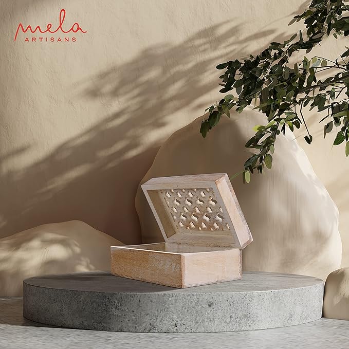 Mela Artisans Wooden Keepsake Box | Whitewash Mango Wood Memory & Photo Storage Box with Hinged Lid | Decorative Storage Box | Medium | 7.5x4.5x3 Inch