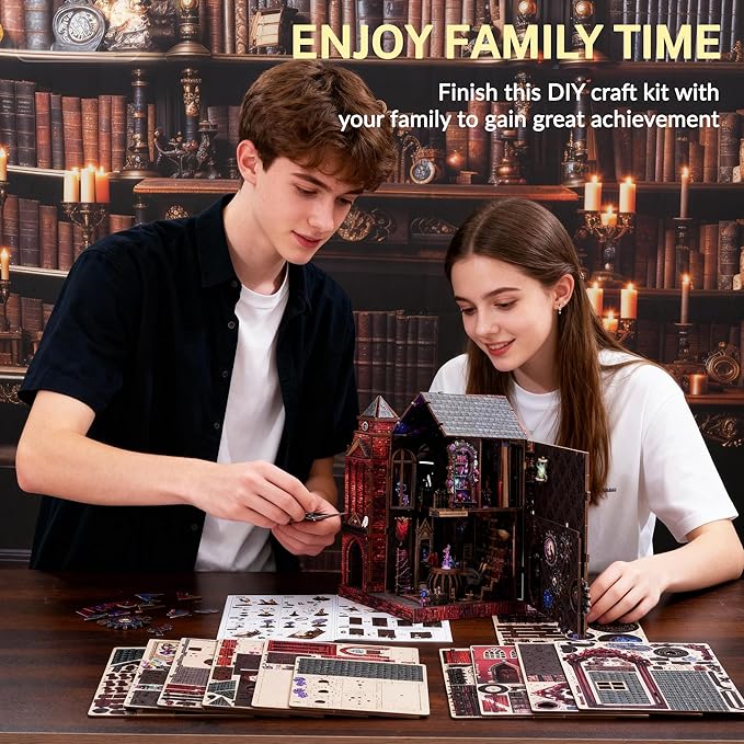 Book Nook Kit, DIY Miniature House Dollhouse Crafts Kit for Adults and Teens, Magic Castle 3D Wooden Puzzle Booknook Build Bookshelf Decor, Gifts for Family and Friends(Arcane Sprire)