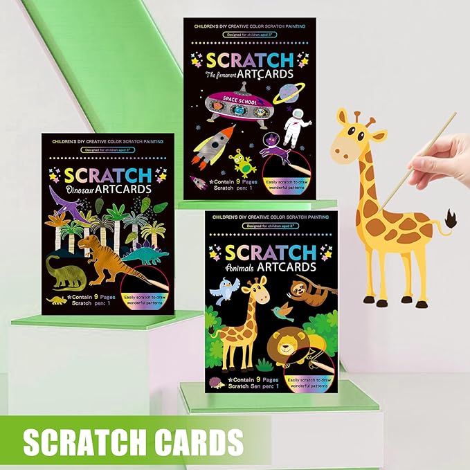 3 Set Magic Scratch Paper Art, Colorful Magic Drawing Art Book with 3 Scratch Pen for Birthday Halloween Christmas Party Games Projects Kits (Dinosaurs/Spaceman/Giraffe)