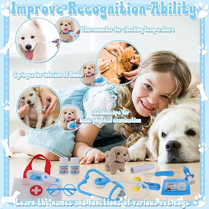TEUVO Toy Doctor Kit for Girls, Pretend Play Doctor Set with Dog Toy, Carrying Bag, Stethoscope, Dress Up Costume, Toys Doctor Play Birthday Gift for Kids Toddlers 1 2 3 4 5 6 7 Year Old for Role Play