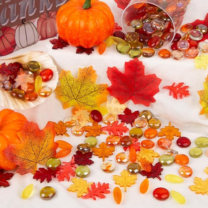 Fall Decor Sensory Bin Filler 100PCS Thanksgiving Vase Filler Acrylic Gems Autumn Leaves Corn Gems, for Fall and Thanksgiving Table Decor, Vase Filler, Sensory Bin Filler Preschool Counting