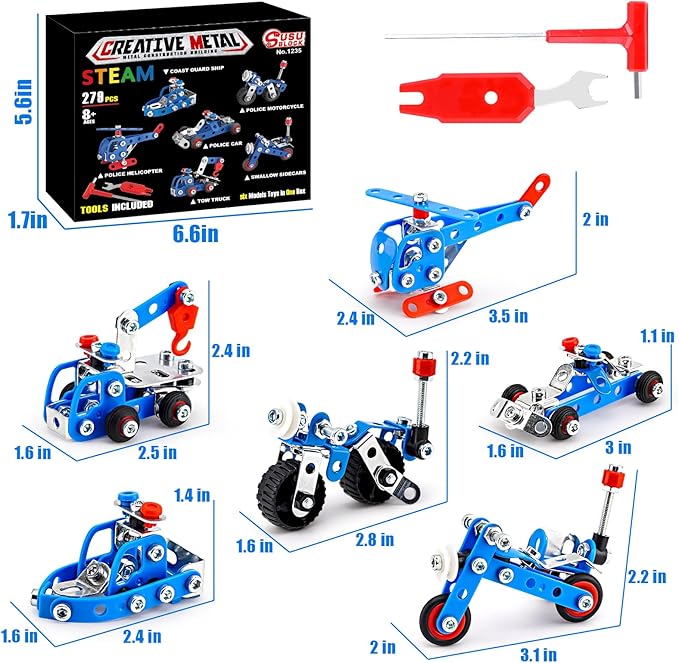 Stem Building Toys for Boys Age 8-12,Police Toys 6 Mini Metal Model Set for Kids,Erector Set for Boys Age 8-12,Assembly Science Kit Educational Gifts For Kids 8 9 10 11 12-16 Years Old(279 Pieces)
