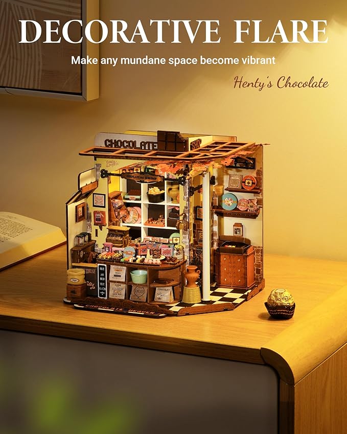 ROBOTIME DIY Miniature House Kit, Tiny House Building Kits,Mini Wooden Furniture Kit for Adults, Dollhouse for Birthday Christmas Craft Hobbies Gift(Henry's Chocolate)