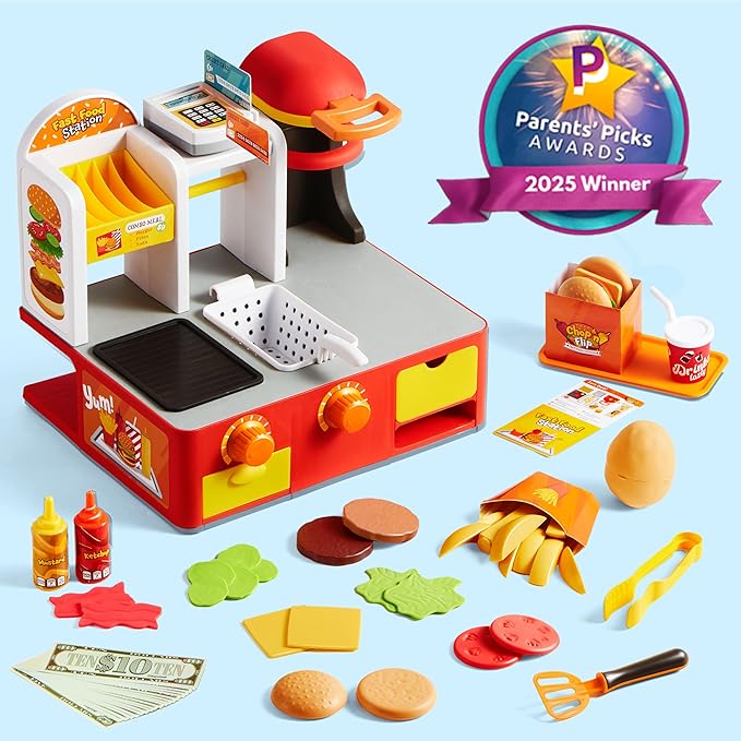 Restaurant Play Set Toy - 40+ PCS Fast Food Playset with Potato Cutter, Simulated Frying Effect & Lights, Order, Card & Drink Station - Interactive Role Play Toy Birthday Gift for Boys Girls