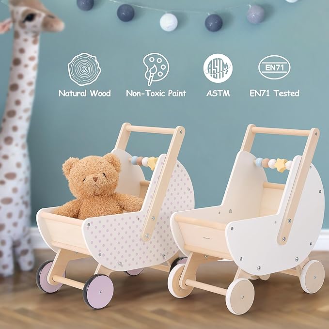 Wooden Baby Walker & Doll Stroller – Adjustable Handle Push Cart, Anti‑Tip, Quiet Wheels, Pretend Shopping Cart – Montessori Wooden Walker for Babies , Doll Stroller for Toddlers 12m+