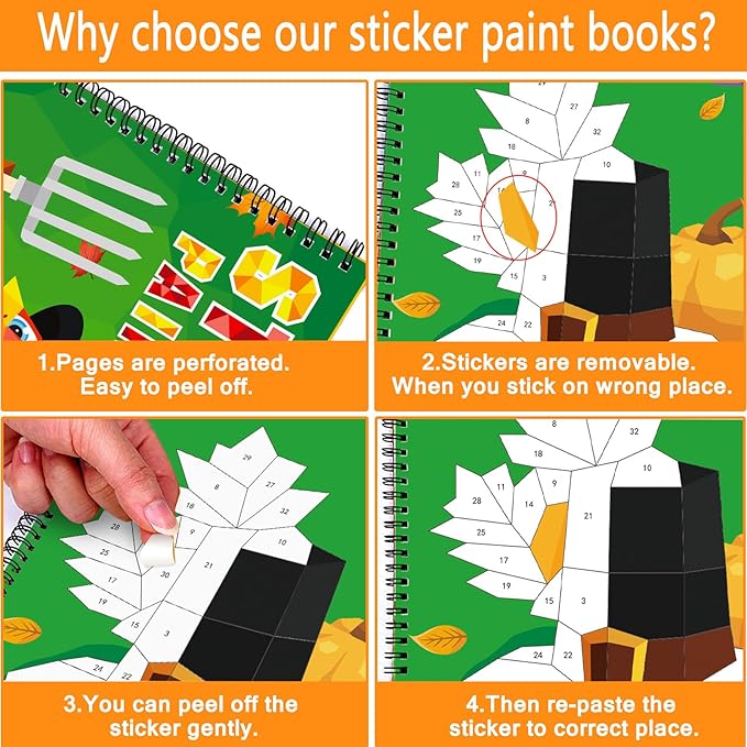 TBEEJ 2PCS Thanksgiving Day Crafts for Kids Ages 4-8 Sticker Paint Books Gift Party Create 20 Pictures(Sticker Sheets are Separate)