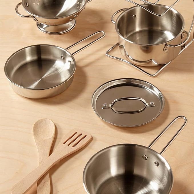 Melissa & Doug Stainless Steel Pots & Pans, 8 Piece Play Kitchen Set, Premium Play Kitchen Accessories & Cooking Utensils, Preschool Toys for Kids 3+