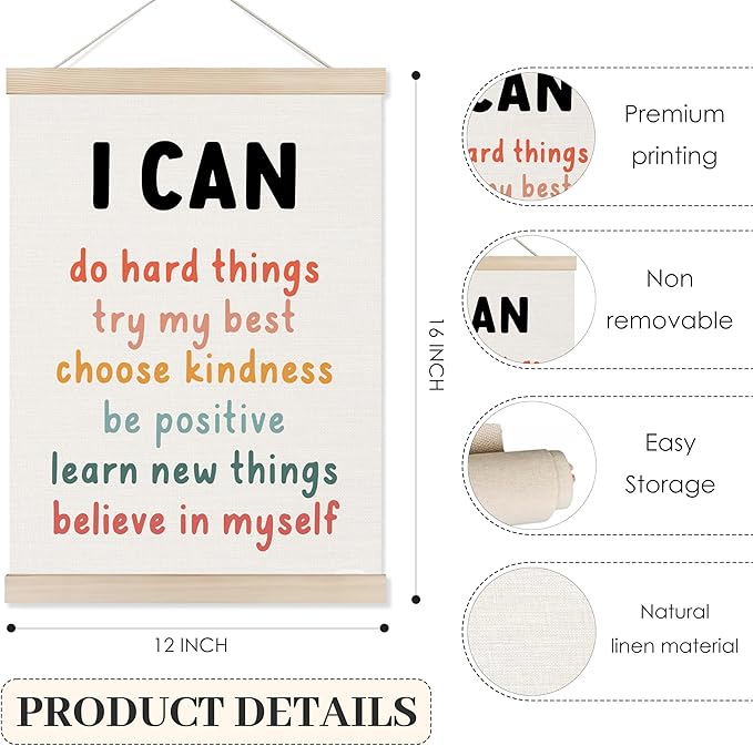 Inspirational Classroom Wall Art Poster Hanger Frame 12x16 Inch Set of 3, Positive Affirmations for Kids, Motivational Canvas Pictures Prints Framed Wall Decor for Classroom Kids Room Playroom