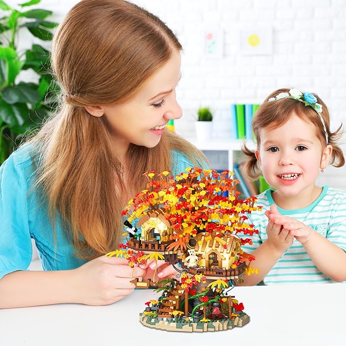 Cherry Blossom Bonsai Tree House Building Blocks Set with Acrylic Display Box, Plants Flowers Treehouse Architecture Micro Mini Block Kits Gift for Adults and Kids(2725 Pieces