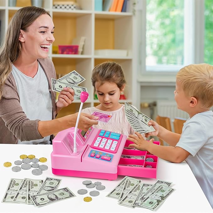 Calculator Cash Register Toy Gift for Kids Age 3, 4, 5, 6, 7, 8+ Year Old, 103 Pcs Grocery Store Playset with Microphone, Credit Card, Pink Cash Register Toy for Toddlers Kids 4-8