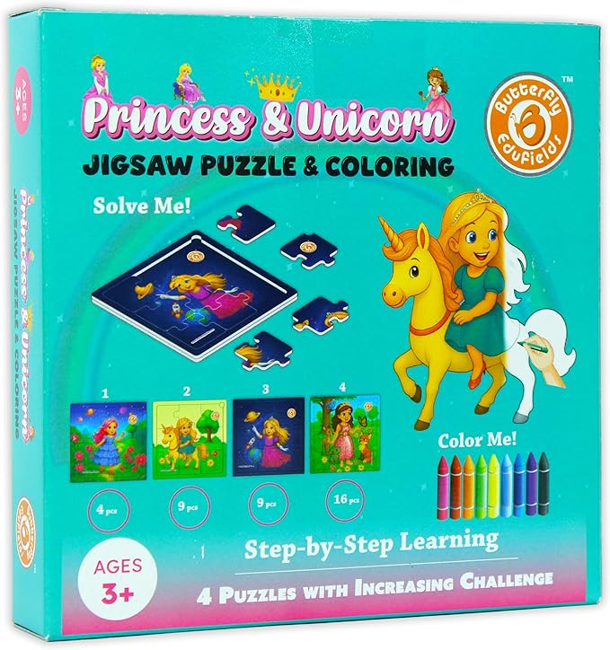 Butterfly EduFields 4-in-1 Princess β & Unicorn Jigsaw Puzzles for Girls | 38 Pcs Puzzle Toy for Kids Age 3 4 5 6 7 Years | Preschool Learning with Coloring Sheets | Birthday Gift for Girls