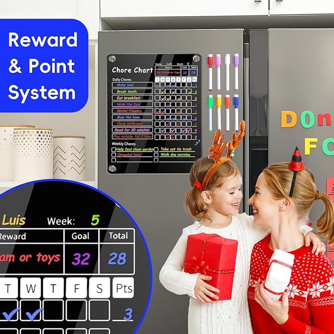 2Pcs Acrylic Magnetic Chore Chart for Kids & Adult,12" x 9.5" Behavior Responsibility Reward Chart,at Home Clear Dry Erase Refrigerator Board for Multiple Kids & Teens(w/ 8 Markers & Towel)