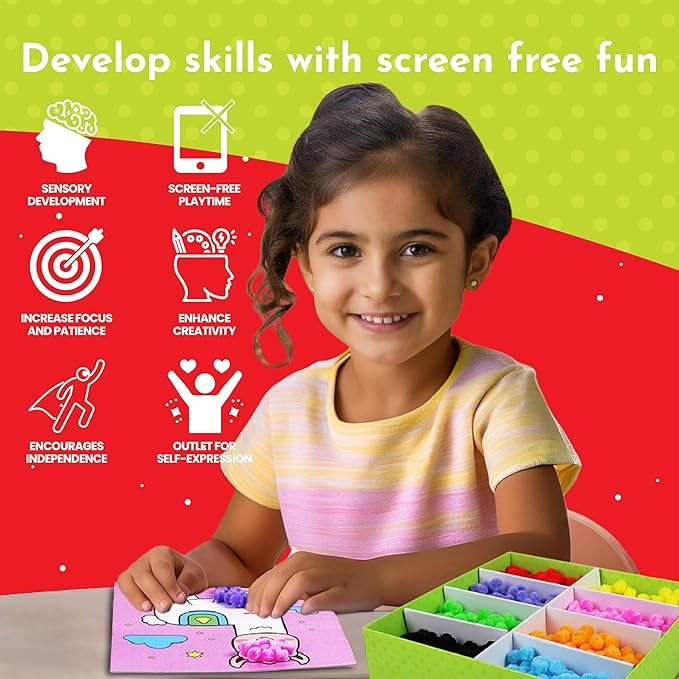 Kalakaram Pom Pom Picasso DIY Art & Craft Kit ā Mess-Free Creative Activity for Kids, Pom Pom Craft & Activities, Gifts for Girls & Boys Ages 4, 5, 6, 7, 8, 9, Fun DIY Craft Kits for Children