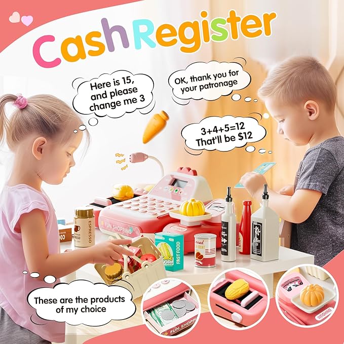 49PCS Pretend Play Cash Register Toy Set for Kids with Real Calculator,Scanner,Microphone,Conveyor Belt,Weighing Tool,Cashier Playset Realistic Gift for Toddler Kid Ages 3 4 5 6 7 8(Pink)