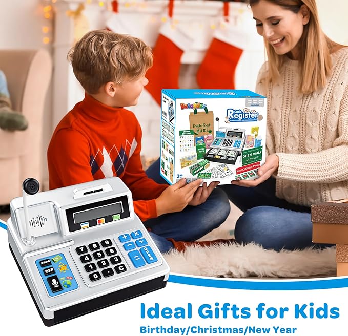 Calculator Cash Register Toy Gift for Kids Age 3, 4, 5, 6, 7, 8+ Year Old, 120 Pcs Grocery Store Playset with Toy Cash, Grocery Boxes, Microphone, Play Cash Register for Toddlers 4-8, Silvery