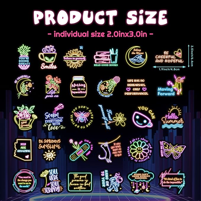 50 Pcs Inspirational Quotes Stickers for Kids, Neon Sticker for Water Bottle, Vinyl Waterproof Laptop Decals for Teens Girls Boys, Students Adults Sticker Pack