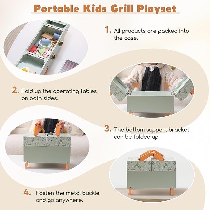 Wooden Kids Grill Playset with Play Kitchen Accessories| Pretend Play Toys for Toddlers 3-5, Cooking BBQ Play Food Toy for 3+ Year Old Boys & Girls, Birthday Gifts for Kids