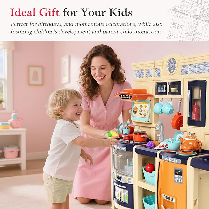 【2025 Upgraded】 Kitchen for Kids Interactive Play Kitchen for Kids Toddlers-Lightweight Easy-Install Pretend Kitchen with Tablet Ordering, Music, Lights Sounds, Steam Stove, Sink & Dishwasher(Blue)