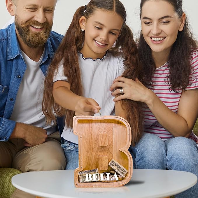 Wooden Letter Piggy Bank for Kids Larger Alphabet Letter Bank for Boys Initial Coin Bank Personalized Piggy Bank Wood Money Save Box for Birthday and Festival-Upgrade 9"" E Piggy Bank