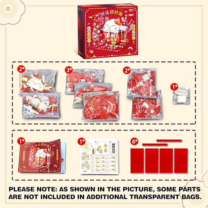 Lucky Cat Building Block Set, Compatible with Lego Cat, 868Pcs Cute Fortune Cat with Flowers Building Blocks, Christmas Birthday Creative Gift for Girls Boys Adult (Red Cat)