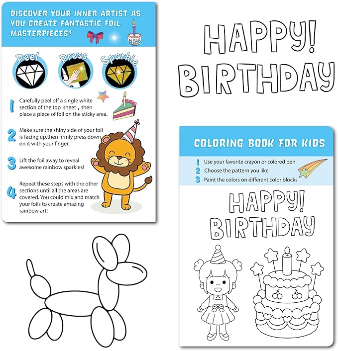 Fun & Mess-Free Foil Art Kit for Kids – 80 Foil Sheets & 32 Art Cards, No Glue Needed, Creative Craft Gift for Christmas Halloween Holiday Birthday(Birthday Version)