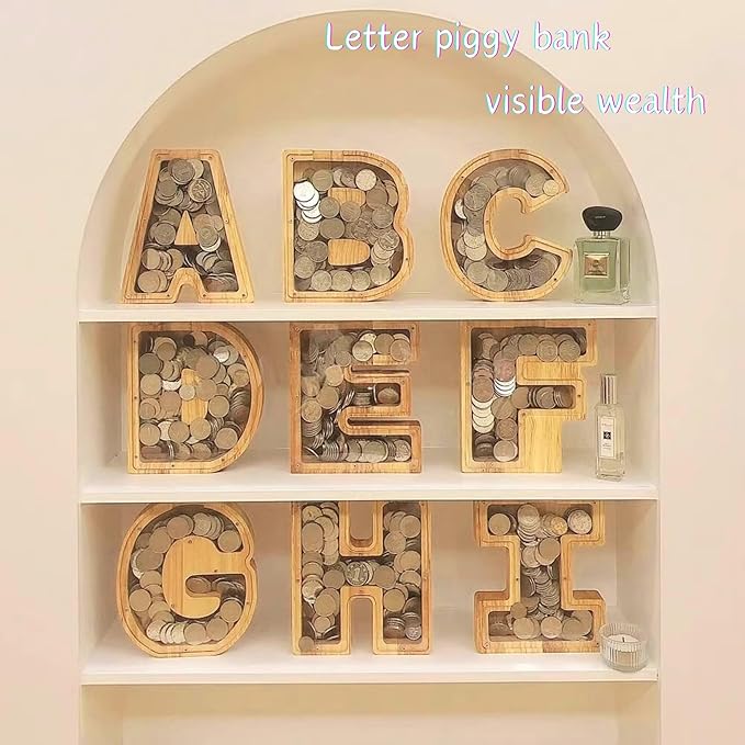 Wooden Alphabet Piggy Bank Clear Acrylic Panel Coin Savings Box Personalized Money Bank for Kids Boys Girls Adults, Birthday Home Décor(Z)