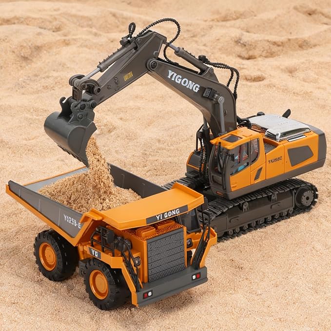 HuiJuKeJi Remote Control Dump Truck - 360° Rotating Metal Bed, 9-Channel RC Construction Toy for Indoor Outdoor Play, Rechargeable with Lights & Sounds, for Kids Ages 6+