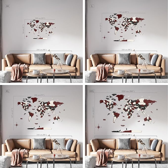 Colorfull Worlds 3D Wooden World Map Wall Art | Unique Wall Decor with Pins for Travel Enthusiasts | Home and Office Wall Décor | Burgundy | XXLarge