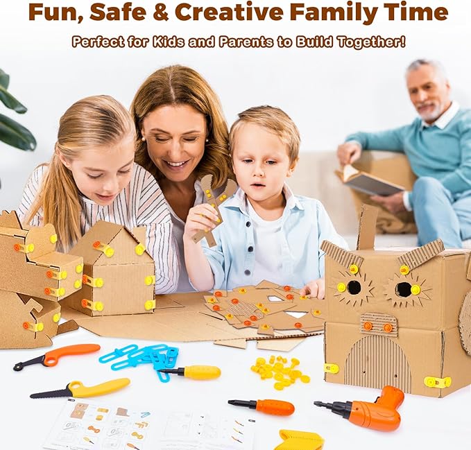 Cardboard Construction Tools Kit 124-Pieces with Waist Bag, Safety Ring Saw, Screwdriver, Waist Bag and Gift Box ā Safe DIY Construction Kit for Childrenās Creative Building & Crafting