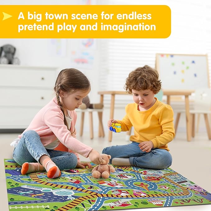 City PlayMat Jumbo Floor Puzzle for Kids Ages 3-8,60-Piece Large Jigsaw Puzzles, Town Map with Race Tracks & Train Tracks,Educational Toy for Pretend Play, Ideal Gift for Preschoolers