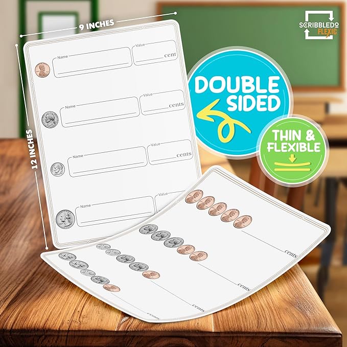 SCRIBBLEDO Coin Practice 9”x12” Small White Board Dry Erase Sheets Math Manipulatives 2nd Grade Money Learning Homeschool Supplies Teacher Students Classroom Pack of 10 Sheets