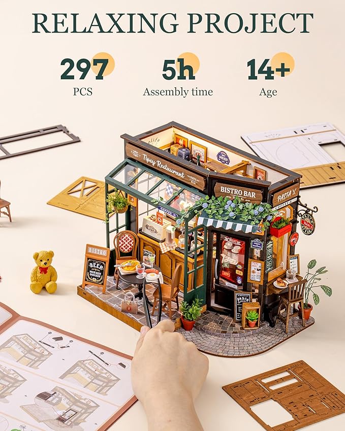 ROBOTIME DIY Tiny House Kit, Miniature House Kit for Adults to Build, Mini House Kit with Furniture, Halloween/Christmas/Birthday Gifts for Men/Women(Tipsy Restaurant)