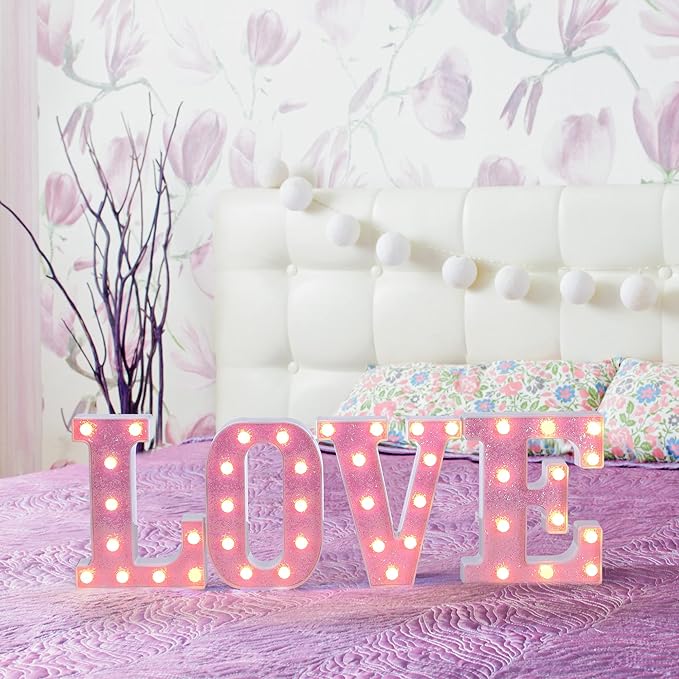 Foaky Pink Light up Letters,Pink Party Decorations,Girls Room Decor,Glitter Light Up Letters,Alphabet Letter Sign for Night Light Birthday Party Girls Gifts, Home Bar Decoration(L)