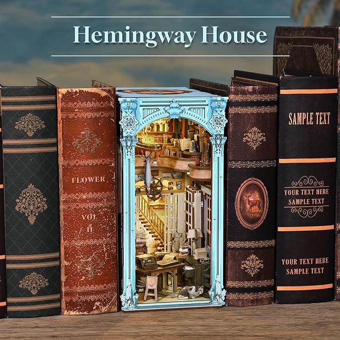 Book Nook Kit, DIY Dollhouse Booknook, Book Nook Miniature Kit for Bookshelf Insert Decor Crafts for Adults Teen Halloween, 3D Wooden Puzzle with Led Light (Hemingway House)