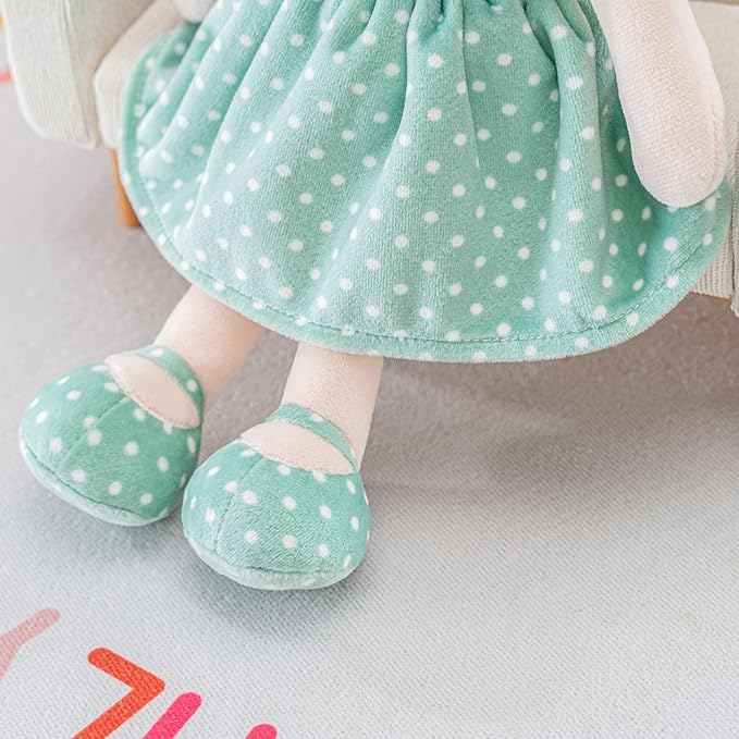 Onetoo Plush Rag Doll My First Baby Doll Soft Baby Doll for Girls Sleeping Cuddle Buddy Doll Wear Green Dress White Polka Dot 14"(Milly Series)