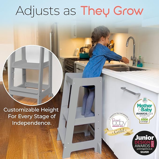 Stepup Baby Toddler Step Stool - Adjustable Height Kids Helper Step Stool, Durable, Non-Slip & Bathroom Sink, Platform for Kitchen, Toddler Tower for Exploration and Growth - Grey