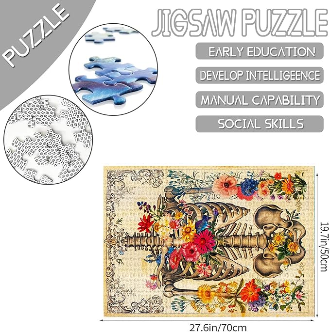 Rib Cage Skull Flower Jigsaw Puzzle Human Organ/Anatomy 1000 Pieces Puzzles Game Florals Jigsaw Puzzles for Adults Home Decor DIY Craft Puzzle Gift for Friends and Family 20 x 27 Inch