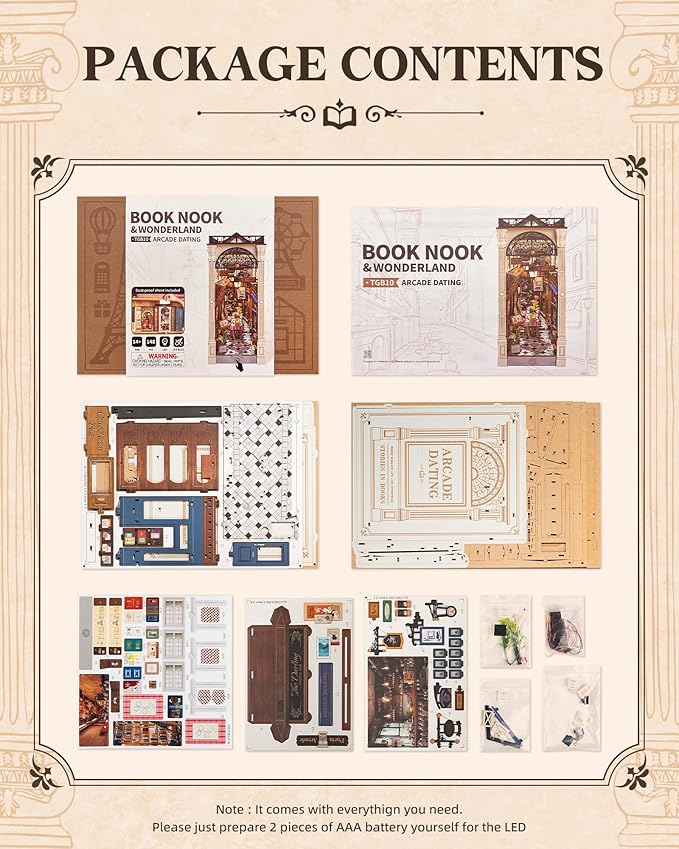 ROBOTIME DIY Book Nook Kits Dollhouse Room Bookstore Miniature House with LED Light 3D Wooden Puzzles for Adults Booknook Bookshelf Insert Decor Diorama Kit Unique Gifts(Arcade Dating)