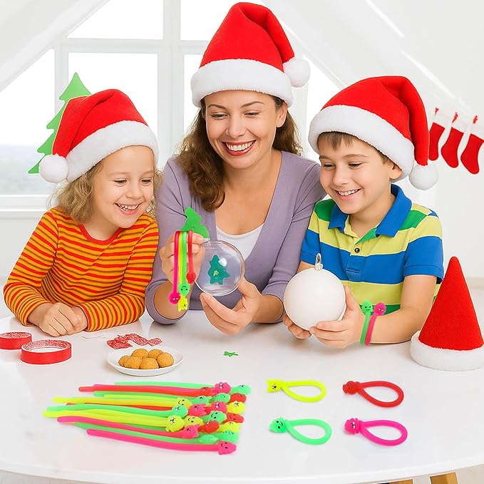 32 Pcs Christmas Stretchy Strings Fidget Toys, Colorful Stretchy Fidgets Sensory Toys, Stress Relief Stretch Sensory Bracelet String with Xmas Tree Santa Claus Snowman Elk for Party Favors (Smooth)