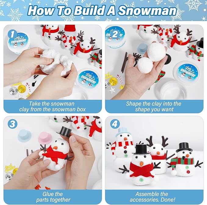 30 Pack Snowman Kit - Build a Snowman Kit DIY Christmas Craft Gifts - Creative Air Dry Clay Modeling Crafts Kit for School Winter Party Activities - Perfect Christmas Activity Gifts for Kids Indoors