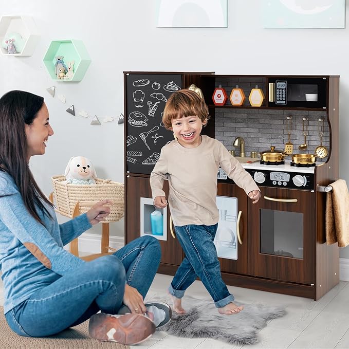 Costzon Kids Kitchen Playset, Wooden Pretend Cooking Toy Set w/Real Sound, Large Blackboard, Telephone, Microwave, Ice Maker, Dishwasher, Oven, Storage Space, Play Kitchen for Kids Ages 3+ (Brown)