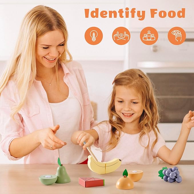 ROBOTIME Wooden Play Food Cutting Fruit Set, Pretend Play Toy Food for Play Kitchen with Shopping Bag – Kids Kitchen Accessories, Wooden Fruit Toys for Kids Boys Girls